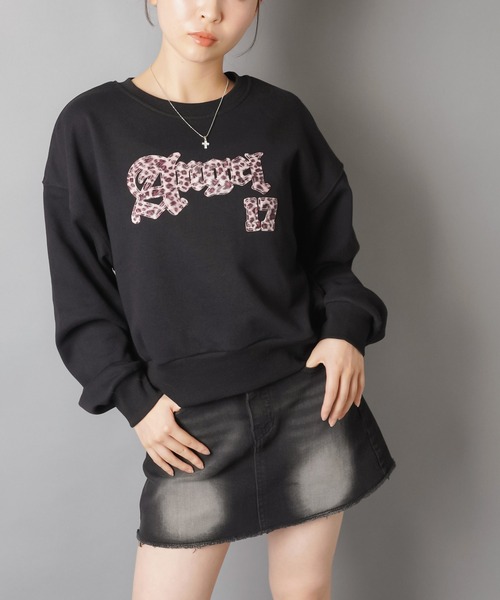 SPINNS（スピンズ）の「裏毛スウェット/ヒョウ柄貼り付けロゴ/レオパード（スウェット・レディース・ネイビー/ピンク/ブラック/杢グレー・ONESIZE）」の12枚目の写真