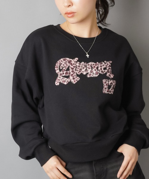 SPINNS（スピンズ）の「裏毛スウェット/ヒョウ柄貼り付けロゴ/レオパード（スウェット・レディース・ネイビー/ピンク/ブラック/杢グレー・ONESIZE）」の8枚目の写真