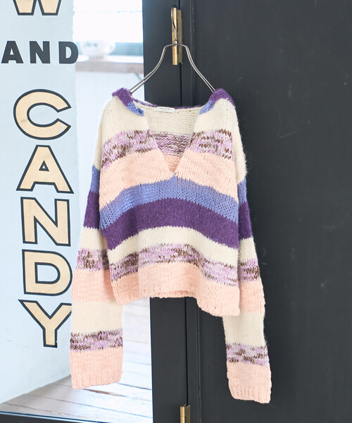 セール】ミックスボーダー ニットパーカー（ニット/セーター