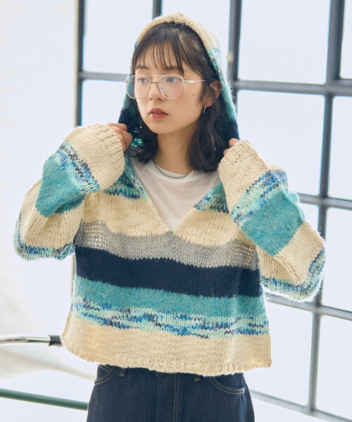セール】ミックスボーダー ニットパーカー（ニット/セーター