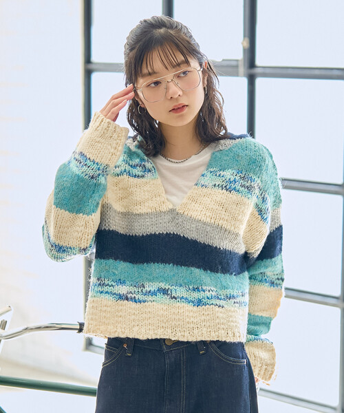 FREAK'S STORE(フリークスストア)の「ミックスボーダー ニットパーカー(ニット/セーター・レディース・ブルー/ピンク・フリ-)」の10枚目の写真