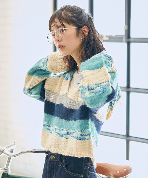 FREAK'S STORE(フリークスストア)の「ミックスボーダー ニットパーカー(ニット/セーター・レディース・ブルー/ピンク・フリ-)」の11枚目の写真