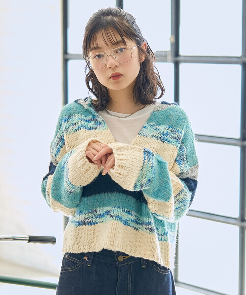 FREAK'S STORE(フリークスストア)の「ミックスボーダー ニットパーカー(ニット/セーター・レディース・ブルー/ピンク・フリ-)」の12枚目の写真