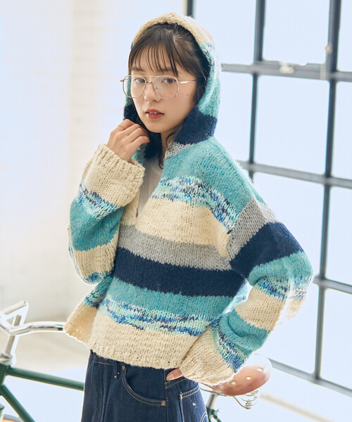 FREAK'S STORE(フリークスストア)の「ミックスボーダー ニットパーカー(ニット/セーター・レディース・ブルー/ピンク・フリ-)」の13枚目の写真