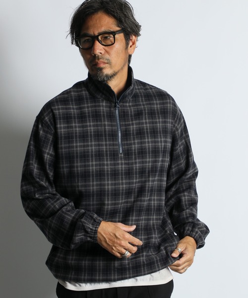 The DUFFER of ST.GEORGE（ザダファーオブセントジョージ）の「STAND COLLAR PO CHECK SHIRTS：スタンドカラー プルオーバーシャツ シャツアウター（シャツ/ブラウス・メンズ・ブラウン/ネイビー・X-LARGE/LARGE/MEDIUM）」の5枚目の写真