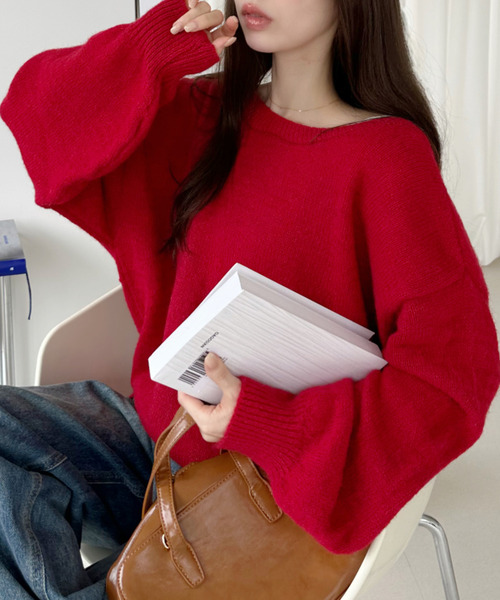 Ada.(エイダ)の「バックリボン オープンニット トップス(ニット/セーター・レディース・グレー/レッド・FREE)」の1枚目の写真