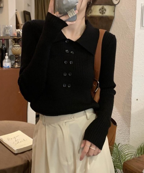 セール】ダブルボタンデザインのネクタイカラーニット（ニット