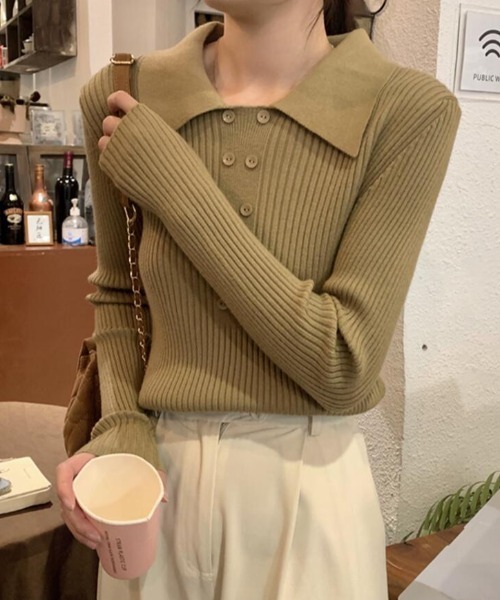 セール】ダブルボタンデザインのネクタイカラーニット（ニット