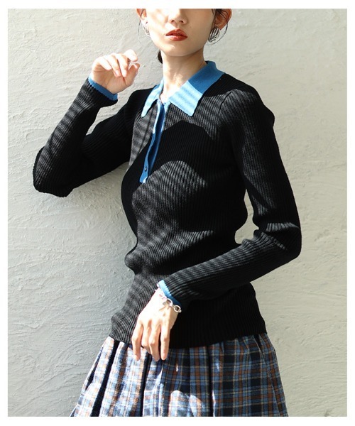 Sawa a la mode（サワアラモード）の「バイカラーポロニットプルオーバー（ニット/セーター・レディース・ブラック/杢グレー/モカ・FREE）」の6枚目の写真