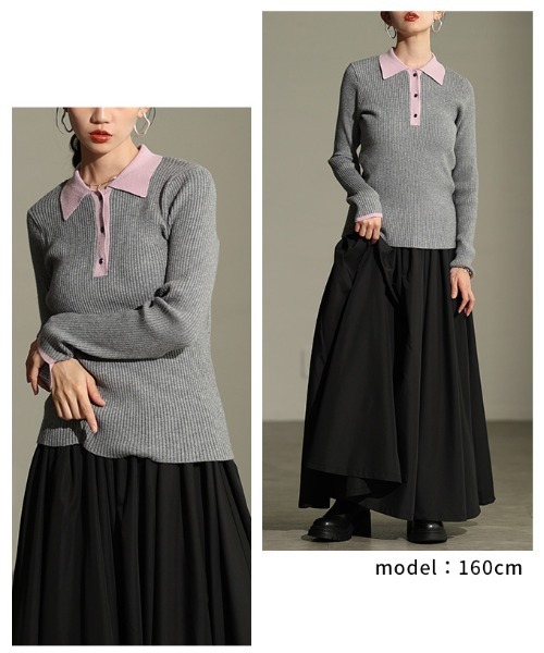 Sawa a la mode（サワアラモード）の「バイカラーポロニットプルオーバー（ニット/セーター・レディース・ブラック/杢グレー/モカ・FREE）」の12枚目の写真