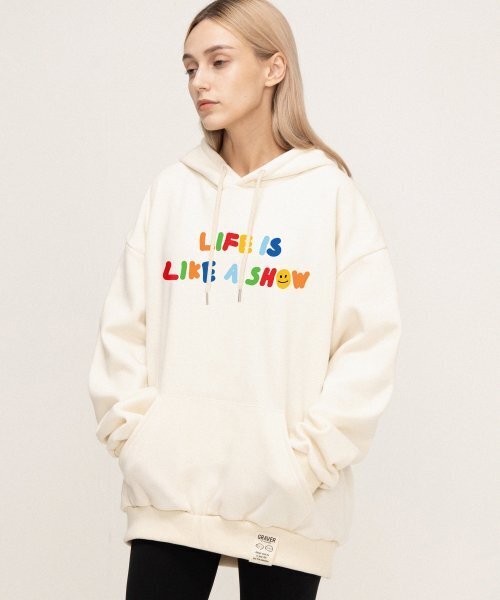 GRAVER（グレーバー）の「[UNISEX]レインボーライフスマイルロゴフードティー_クリーム（パーカー・レディース・アイボリー・X-LARGE/SMALL/MEDIUM/LARGE）」の2枚目の写真