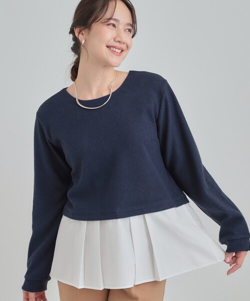 DRESKIP(ドレスキップ)の「【S-LL】気になる腰回りをカバー レイヤード風ドッキングトップス(Tシャツ/カットソー・レディース・ネイビー/ライトオレンジ系/グレー・01/02/03/04)」の2枚目の写真