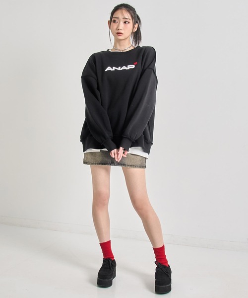 ANAP（アナップ）の「ANAPロゴ ハートポイント アウトシーム 裏起毛 スウェット プルオーバー 【 親子お揃い 】（スウェット・レディース・ライトグレー/ブラック・F）」の7枚目の写真