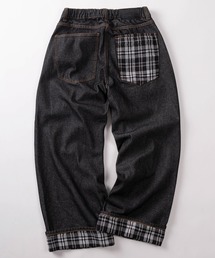 SlashDate（スラッシュデイト）の「【72】【PLES】チェック柄/カモフラ柄 部分使い ワイドシルエット カーブデニム/ワンウォッシュ/ユニセックス（デニムパンツ）」