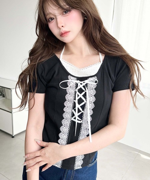 moment+（モーメントプラス）の「レイヤード風レースアップバレエコアTシャツ（Tシャツ/カットソー・レディース・ピンク/オフホワイト/ブラック・M）」の2枚目の写真