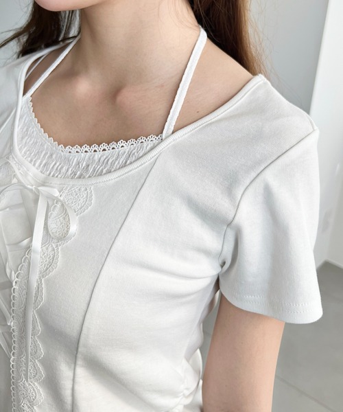moment+（モーメントプラス）の「レイヤード風レースアップバレエコアTシャツ（Tシャツ/カットソー・レディース・ピンク/オフホワイト/ブラック・M）」の13枚目の写真
