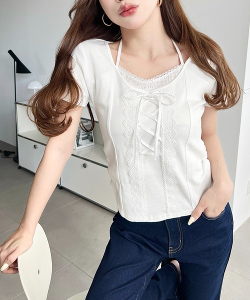 moment+（モーメントプラス）の「レイヤード風レースアップバレエコアTシャツ（Tシャツ/カットソー・レディース・ピンク/オフホワイト/ブラック・M）」の21枚目の写真