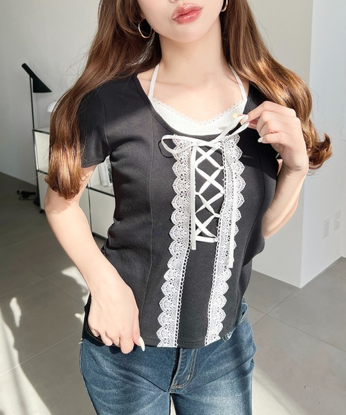 moment+（モーメントプラス）の「レイヤード風レースアップバレエコアTシャツ（Tシャツ/カットソー・レディース・ピンク/オフホワイト/ブラック・M）」の7枚目の写真