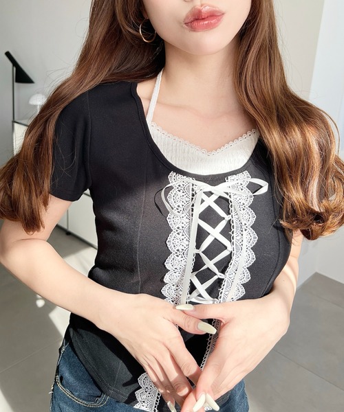 moment+（モーメントプラス）の「レイヤード風レースアップバレエコアTシャツ（Tシャツ/カットソー・レディース・ピンク/オフホワイト/ブラック・M）」の8枚目の写真