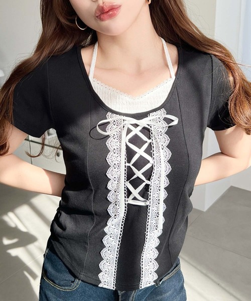 moment+（モーメントプラス）の「レイヤード風レースアップバレエコアTシャツ（Tシャツ/カットソー・レディース・ピンク/オフホワイト/ブラック・M）」の17枚目の写真