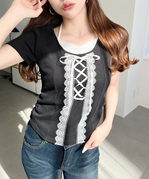 moment+（モーメントプラス）の「レイヤード風レースアップバレエコアTシャツ（Tシャツ/カットソー・レディース・ピンク/オフホワイト/ブラック・M）」の6枚目の写真
