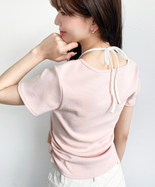 moment+（モーメントプラス）の「レイヤード風レースアップバレエコアTシャツ（Tシャツ/カットソー・レディース・ピンク/オフホワイト/ブラック・M）」の5枚目の写真