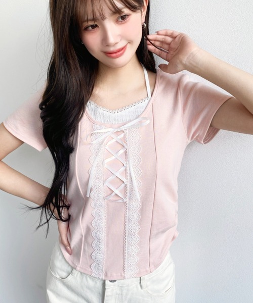moment+（モーメントプラス）の「レイヤード風レースアップバレエコアTシャツ（Tシャツ/カットソー・レディース・ピンク/オフホワイト/ブラック・M）」の10枚目の写真
