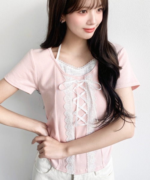 moment+（モーメントプラス）の「レイヤード風レースアップバレエコアTシャツ（Tシャツ/カットソー・レディース・ピンク/オフホワイト/ブラック・M）」の4枚目の写真
