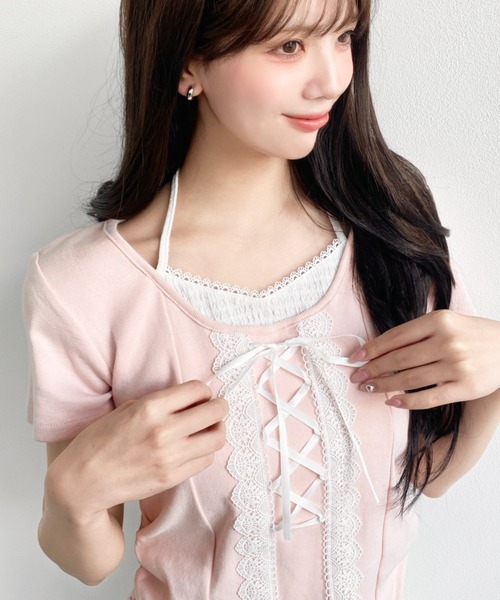 moment+（モーメントプラス）の「レイヤード風レースアップバレエコアTシャツ（Tシャツ/カットソー・レディース・ピンク/オフホワイト/ブラック・M）」の11枚目の写真