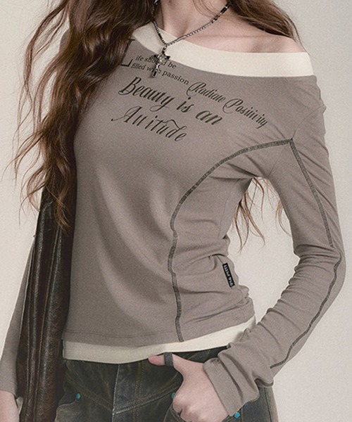 meJane(ミージェーン)の「レイヤード風 オフショルダートップス(Tシャツ/カットソー・レディース・グレイッシュベージュ・FREE)」の6枚目の写真