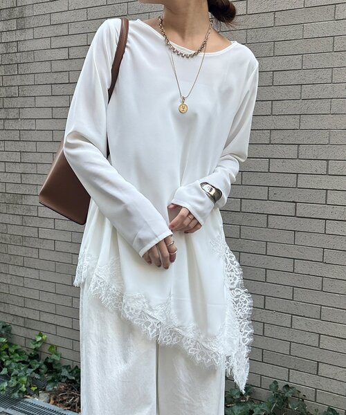 DouDou(ドゥドゥ)の「ジョーゼットアシメレース切替ブラウス(シャツ/ブラウス・レディース・ブラック/オフホワイト・FREE)」の12枚目の写真