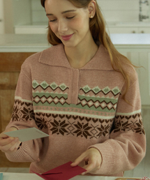 Snowflake Jacquard Collar Wool Knit - Pink