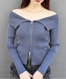 襟付オフショルニットカーディガン