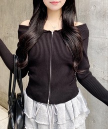 襟付オフショルニットカーディガン
