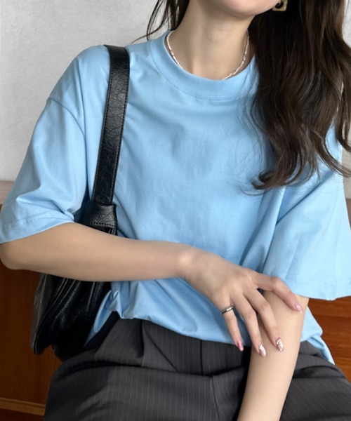 Eclat one(エクラワン)の「【Eclat one】クルーネック ドロップショルダー 半袖 カットソー(Tシャツ/カットソー・レディース・ブルー/グレー/ブラック/ホワイト・FREE)」の4枚目の写真