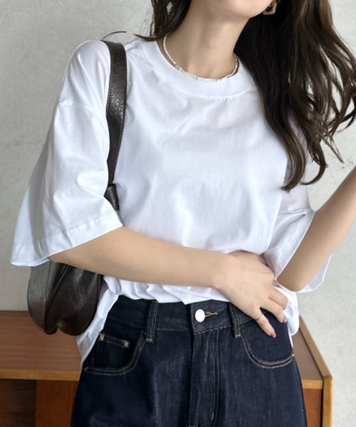 Eclat one(エクラワン)の「【Eclat one】クルーネック ドロップショルダー 半袖 カットソー(Tシャツ/カットソー・レディース・ブルー/グレー/ブラック/ホワイト・FREE)」の5枚目の写真