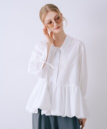 バルーンシャツブラウス　袖リボン バルーン裾　チュニック　シャツ襟　春服