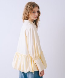 バルーンシャツブラウス 袖リボン バルーン裾 チュニック シャツ襟 春服