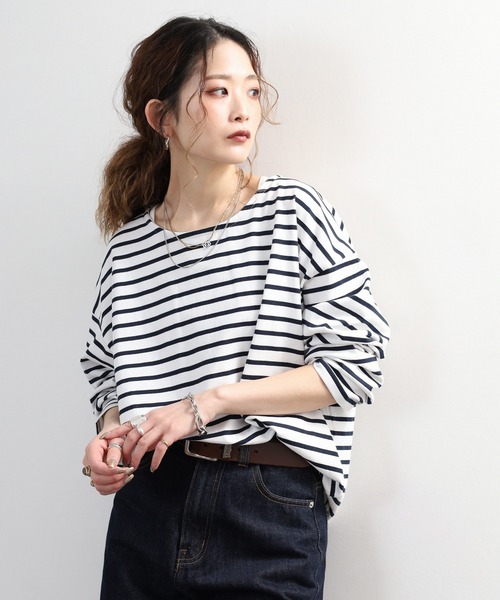 myke(ミーカ)の「myke ボーダー OE天竺 ロンT 長袖 ラウンドネック(Tシャツ/カットソー・レディース・イエロー/ベージュ/ネイビー/ピンク・M)」の1枚目の写真