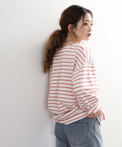 myke(ミーカ)の「myke ボーダー OE天竺 ロンT 長袖 ラウンドネック(Tシャツ/カットソー・レディース・イエロー/ベージュ/ネイビー/ピンク・M)」の4枚目の写真