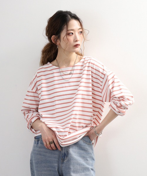 myke(ミーカ)の「myke ボーダー OE天竺 ロンT 長袖 ラウンドネック(Tシャツ/カットソー・レディース・イエロー/ベージュ/ネイビー/ピンク・M)」の5枚目の写真