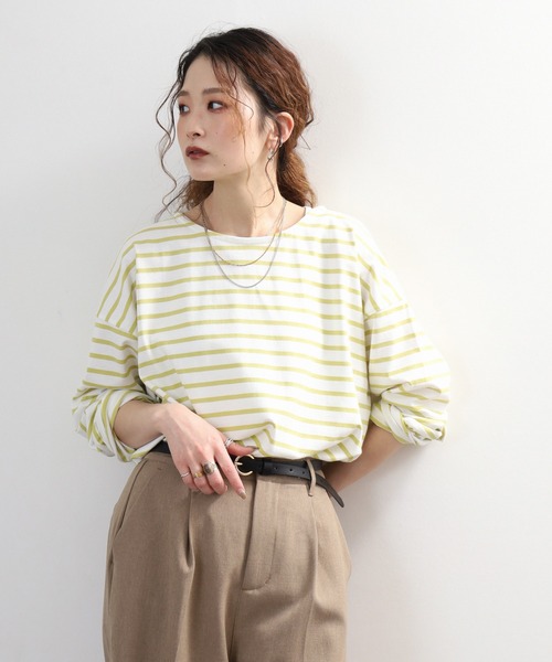 myke(ミーカ)の「myke ボーダー OE天竺 ロンT 長袖 ラウンドネック(Tシャツ/カットソー・レディース・イエロー/ベージュ/ネイビー/ピンク・M)」の13枚目の写真