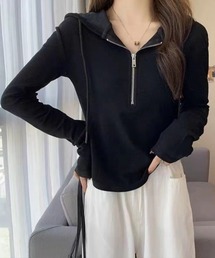 ハーフジップフードカットソー