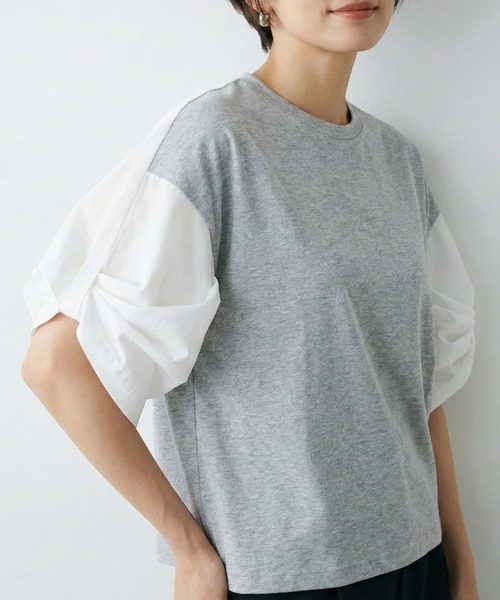 Belta attrice(ベルタアトリーチェ)の「異素材ドッキング ボリューム袖Tシャツ / 体型カバー(Tシャツ/カットソー・レディース・ブラック/霜降りグレー/ネイビー・FREE)」の2枚目の写真