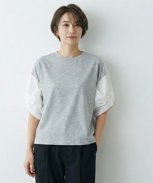 Belta attrice(ベルタアトリーチェ)の「異素材ドッキング ボリューム袖Tシャツ / 体型カバー(Tシャツ/カットソー・レディース・ブラック/霜降りグレー/ネイビー・FREE)」の11枚目の写真