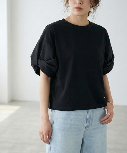 Belta attrice(ベルタアトリーチェ)の「異素材ドッキング ボリューム袖Tシャツ / 体型カバー(Tシャツ/カットソー・レディース・ブラック/霜降りグレー/ネイビー・FREE)」の6枚目の写真