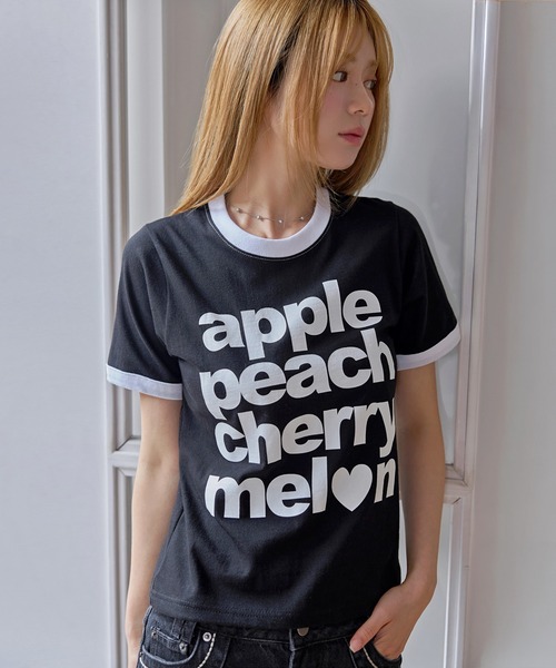 UNE MANSION(ユヌマンション)の「カジュアルフルーツレタリングリンガー半袖Tシャツ(Tシャツ/カットソー・レディース・ブラック/イエロー/ホワイト・FREE)」の3枚目の写真