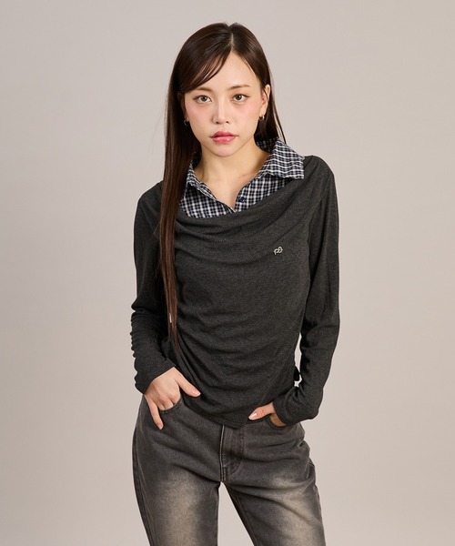 apres jour mignon(アプレジュールミニョン)の「シャツレイヤードドレープトップス(Tシャツ/カットソー・レディース・ネイビー/杢グレー/チャコールグレー・LARGE/フリー)」の7枚目の写真