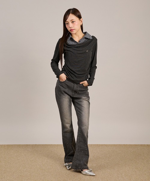 apres jour mignon(アプレジュールミニョン)の「シャツレイヤードドレープトップス(Tシャツ/カットソー・レディース・ネイビー/杢グレー/チャコールグレー・LARGE/フリー)」の8枚目の写真