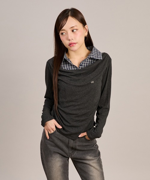 apres jour mignon(アプレジュールミニョン)の「シャツレイヤードドレープトップス(Tシャツ/カットソー・レディース・ネイビー/杢グレー/チャコールグレー・LARGE/フリー)」の11枚目の写真